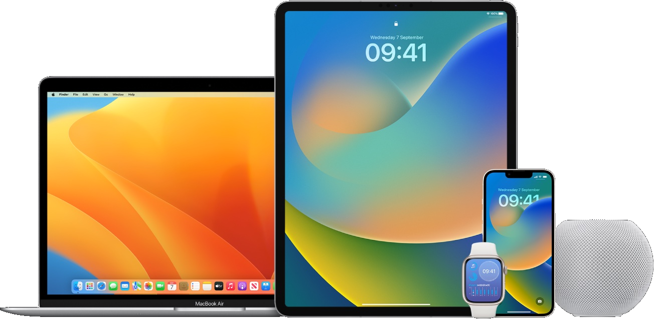 MacBook Air, iPad, iPhone, Apple Watch and HomePod mini running Runisoft-supported platforms
